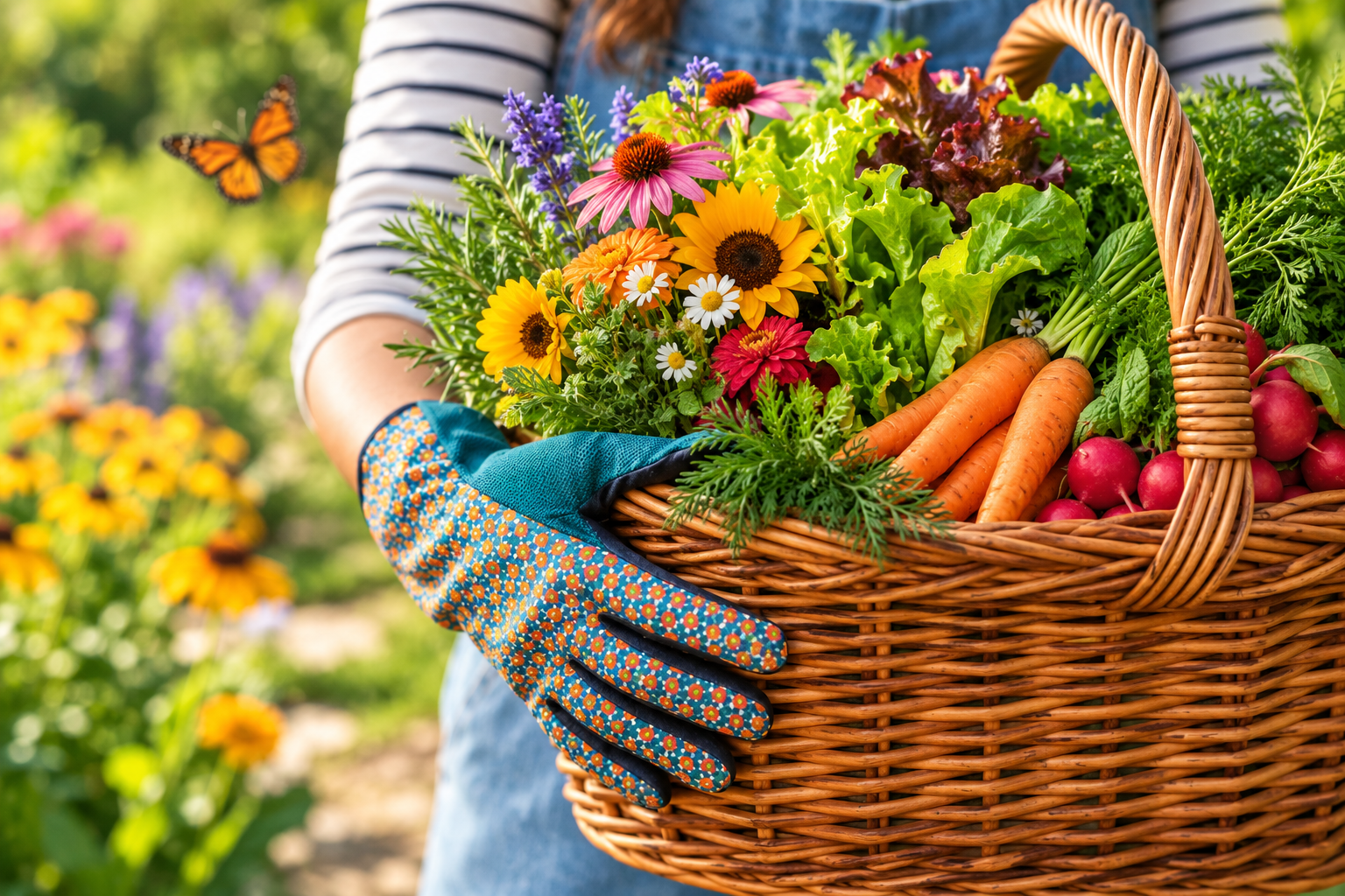 Basket of freshly harvested vegetables and colorful garden flowers with a monarch butterfly