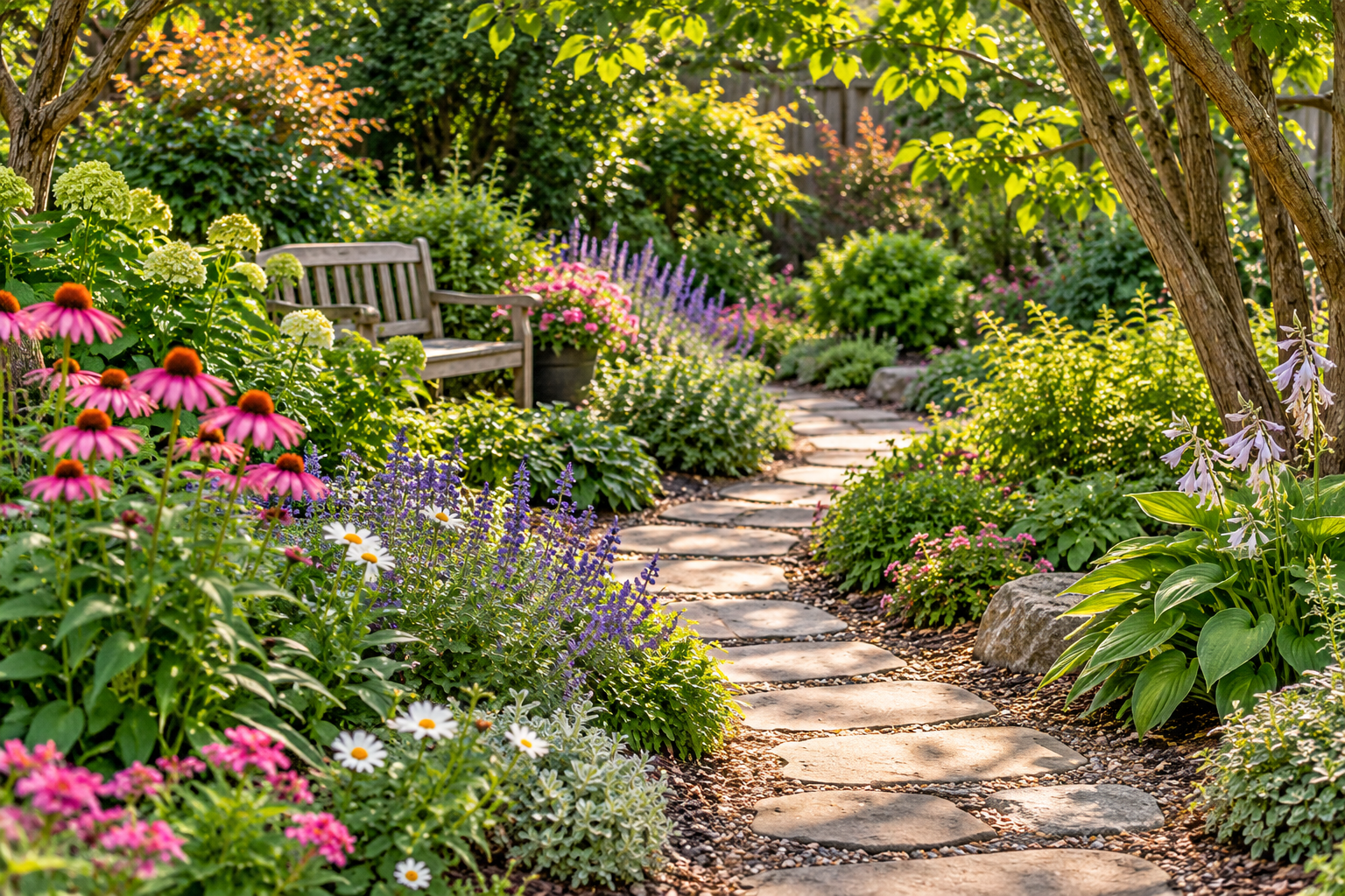 A peaceful garden pathway surrounded by colorful flowers and lush greenery