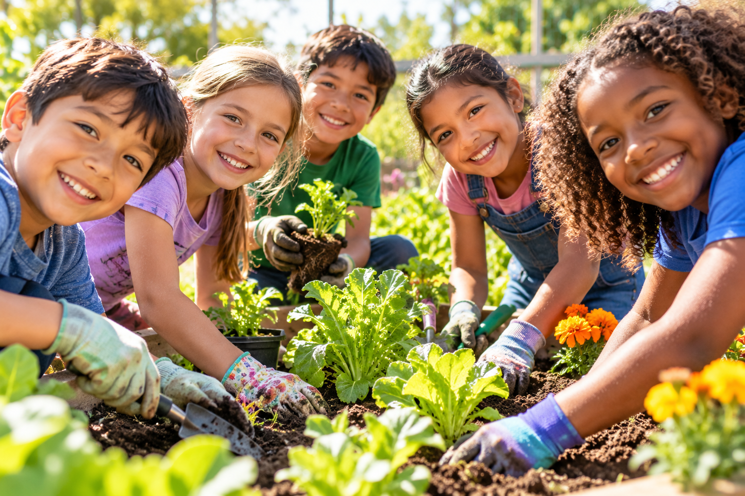 Smiling children planting seedlings together in a school garden